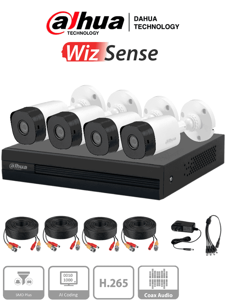 [DHT0250019] DAHUA KITXVR1B04-I1MP-2.8 - Kit de 4 Canales de 1 Megapixel/ 4 Cámaras B1A11 con Lente de 2.8mm/ 93 Grados de Apertura/ 4 CH+1 IP o Hasta 5 CH IP/ SMD Plus/ Búsqueda de Humanos y Vehículos/ Accesorios Incluidos/#WizSense #TopDahua #HSDPP