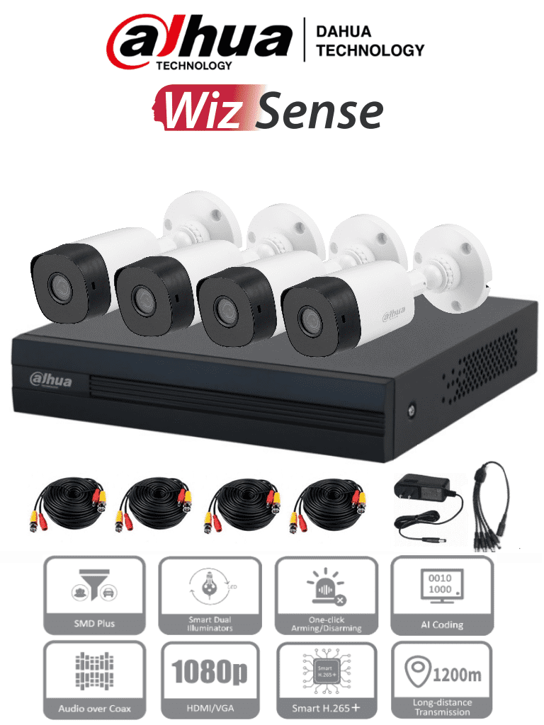 [DHT0250010] DAHUA KITXVR1B04-I+4B1A21 - Kit de 4 Canales de 2 Megapixeles/ DVR Cooper-I WizSense/ Con IA/ H.265+/ 4 Camaras B1A21 1080p/ 4 Canales + 1 IP o Hasta 5 Canales IP/ 4 Canales SMD Plus/ Busqueda de Humanos y Vehiculos/ Accesorios/ #TopDahua #WizSense #HSDPP
