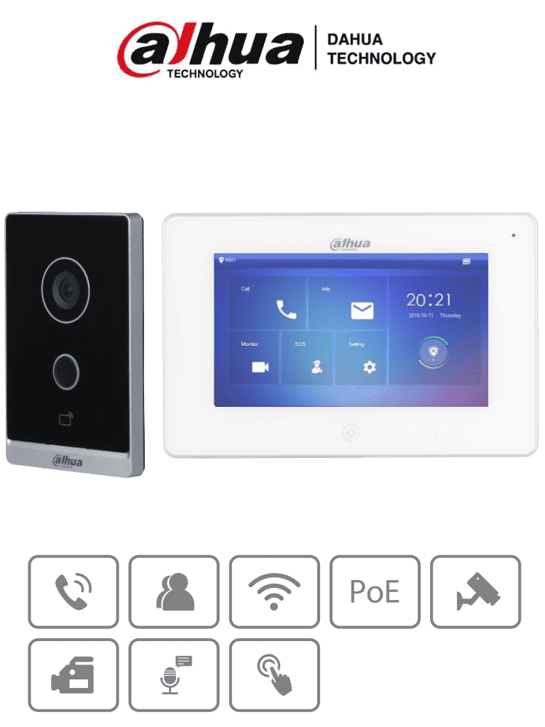 [DHT2220024] DAHUA KTW01 - Kit de Videoportero WiFi/ Monitor con Pantalla de 7"/ 6 Entradas de Alarmas/ 8 Zonas de Alarma/ Ranura MicroSD/ Graba y Captura Imágenes/ Cámara de 2MP con WDR Real e IR/ Controla 2 Puertas/ Apertura con Tarjeta/