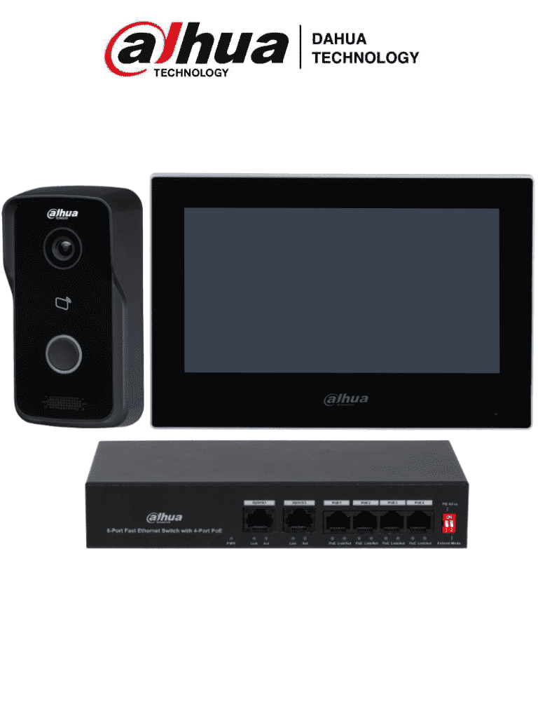 [DHT2400008] DAHUA KTP03 - Kit de Videportero IP/ Monitor de 7 Pulgadas. Frente de Calle y Switch PoE/ 6&1 E&S de Alarma/ Frente de Calle IP65/ IR/ Apertura Remota / Switch de 4 Puertos PoE 10/100/ 2 Puertos Uplink/ Controla 1 Puerta/