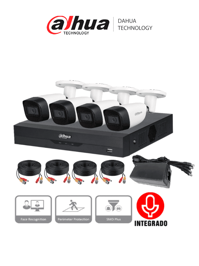 [DHT0250013] DAHUA KITXVR5104HS4KLI3+4HFW1500CMA- Kit de 4 Canales de 5 Mp con Audio/ DVR WizSense con Reconocimiento de Rostros/ H.265+/ 4 Camaras Metalicas/ 4 Ch + 4 IP o Hasta 8 Ch IP/ 4 Ch SMD Plus/ Busqueda de Humanos y Vehiculos/ Accesorios Incluidos/